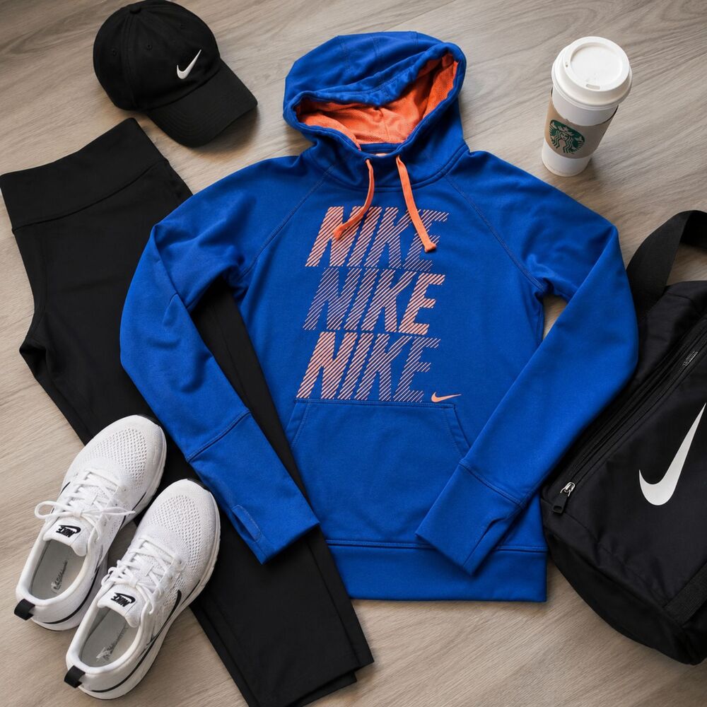 Nike Therma-FIT Hoodie Womens XS Blue Coral Thumbhole Pullover Running